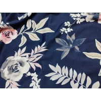 Granatowa elastyczna dzianina Jersey - pudrowe kwiaty - kupon 2,40m